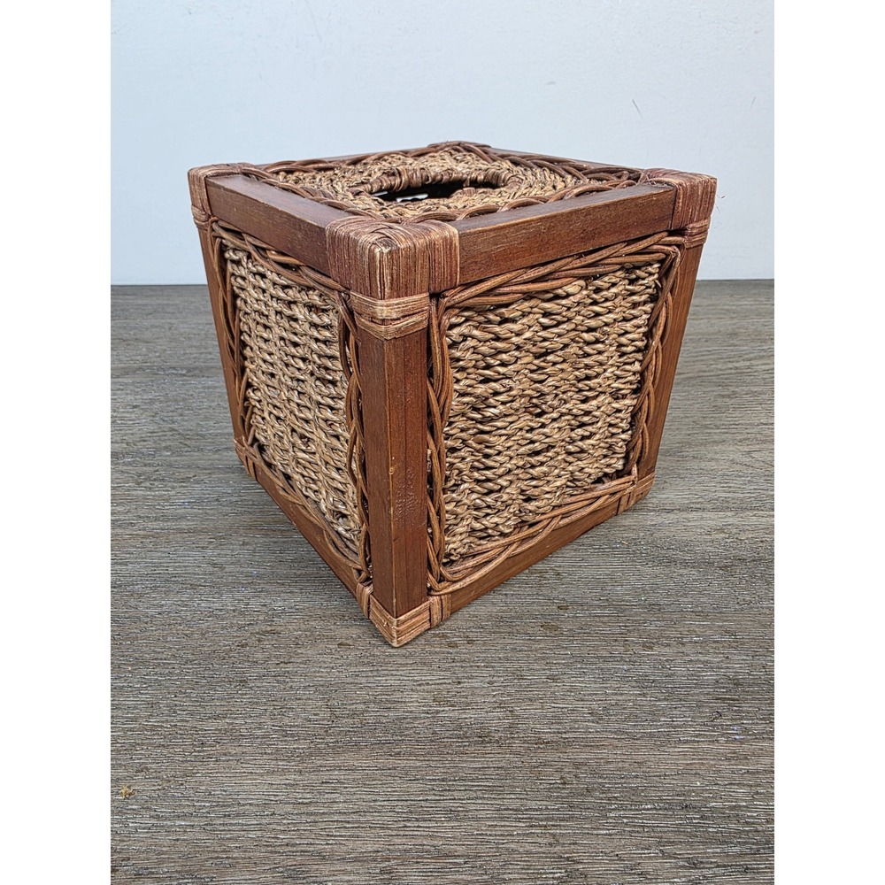 Square Tissue Box Cover Woven Wicker and Wood Rustic Basket-Weave Design